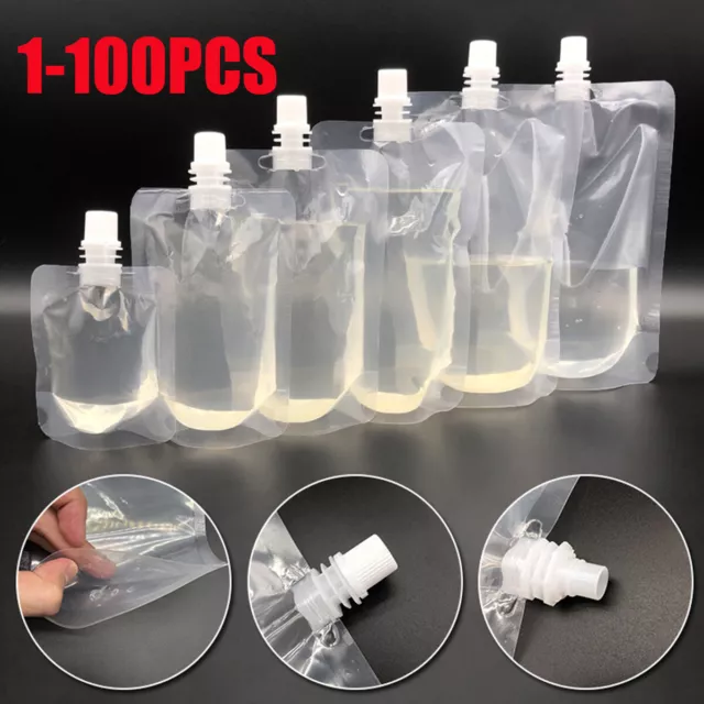 100X Stand Up 100/300/500ml Plastic Bag Booze Bottle Travel Festival Drink Pouch