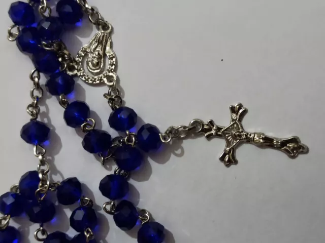 Blue Crystal Bead Rosery Necklace Catholic Silver Colour  Chain & Cross Jesus