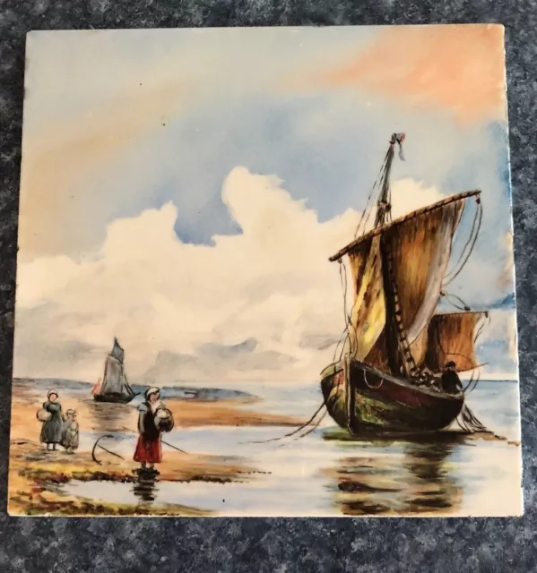 MINTON HOLLINS & CO Tile 8” Fishing Village RARE Works of Stoke on Trent145W