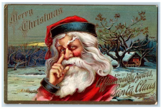c1910's Merry Christmas Santa Claus House Winter Embossed Antique Postcard