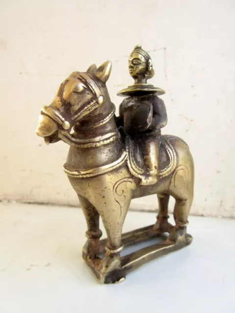 Antique Old Brass Hand Carved Hindu Goddess Sitting On Horse With Weapon Statue