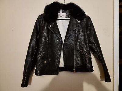 Girls RIVER ISLAND bomber jacket coat black  age 12 removable fur collar nice
