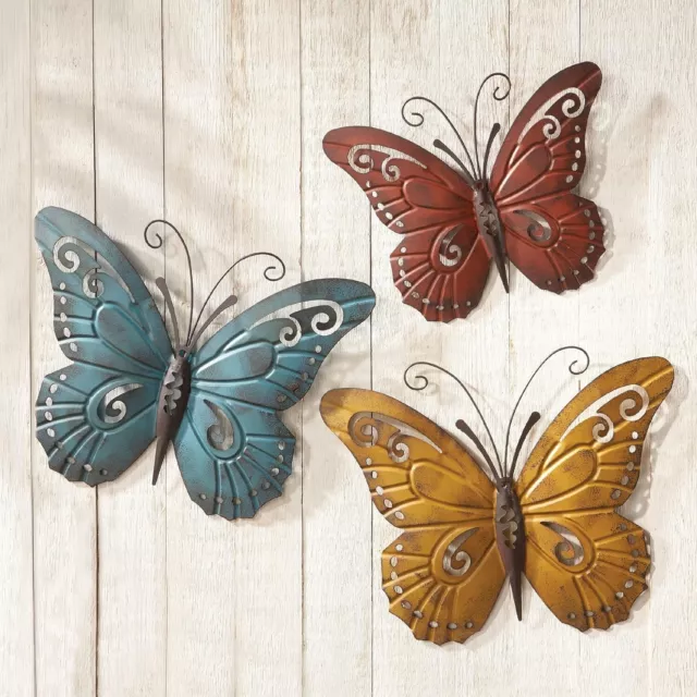 Set of 3 Butterfly Wall Art Nature Inspired Indoor Outdoor Rustic Home Decor
