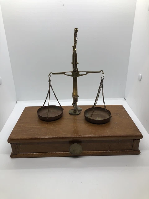 Vintage Antique Jewelers Brass Hanging Scale Balance Weights Box Drawer