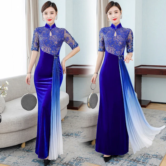 Womens Chinese Cheongsam Qipao Long Dress Slim Lace Velvet Stand Collar Gown