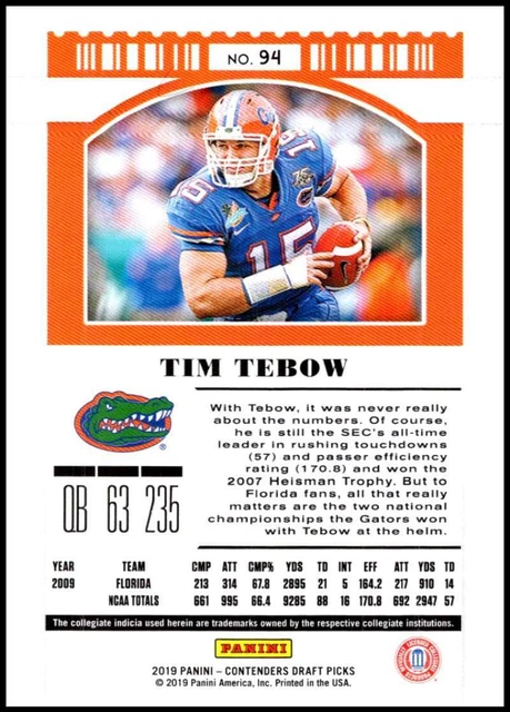 2019 Panini Contenders Draft Tickets Season Ticket #94 Tim Tebow Florida Gators 2