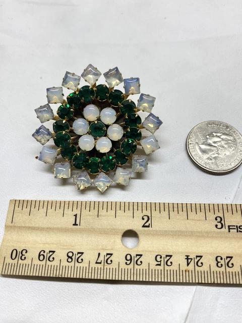 Vintage Green Crystal, Moonstone? Rhinestone Brooch