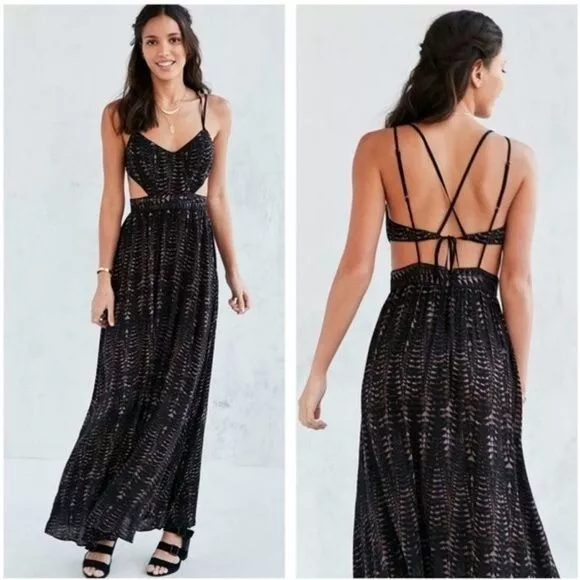 Urban Outfitters Ecote Hannah Strappy-Back Dress Maxi Geometric Black Purple XS