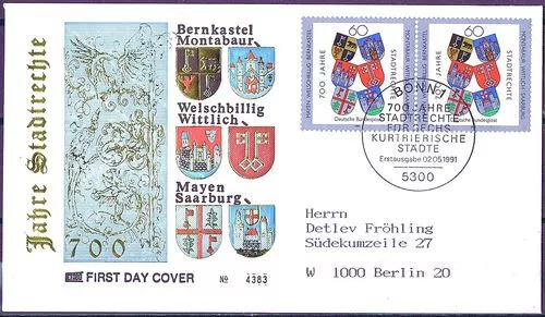 BRD 1991: Stadtrechte! FDC der Nr 1528 mit Bonner Sonderstempel! Gelaufen! 23-06