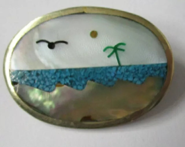 Vintage Alpaca Mexico Abalone, Mother of Pearl Turquoise Chip Sea Brooch Pendant