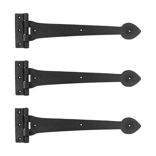 Black Door Gate Strap Hinges 15" L Wrought Iron Heart Tip Design Pack of 3