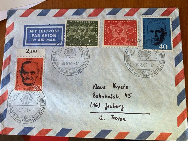 Luftpostbrief 1961 Sonderstempel Stuttgart Motivbriefmarken Ausstellung