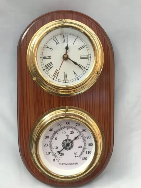 Wooden Marine Nautical Brass Clock Thermometer Weather Station Item