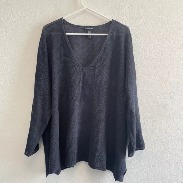 Eileen Fisher Size 2X  100% Organic Linen V-Neck Sweater Navy Blue