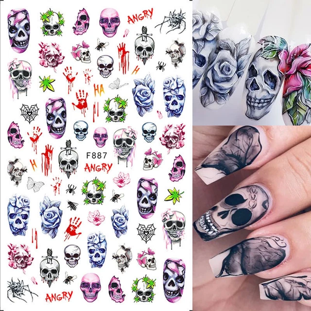 Halloween Nail Art Stickers Self-Adhesive Spooky Skull Manicure 3D Nail Decals