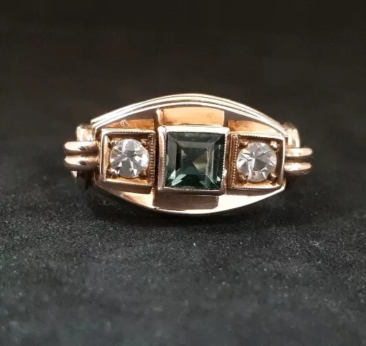 Fabulous ART NOUVEAU / JUGENDSTIL - Green & Clear Paste 8k Gold Ring - Size R