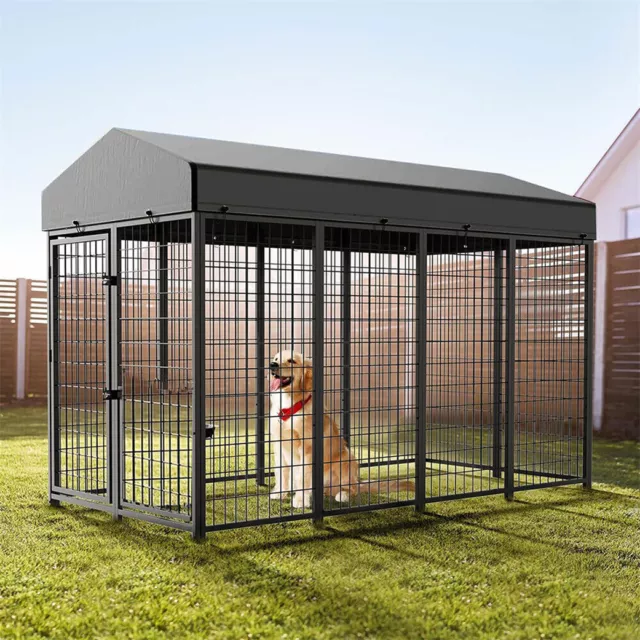 Waterproof Outdoor Dog Kennel Pet Shelter House Metal Dog Run with Canopy & Lock