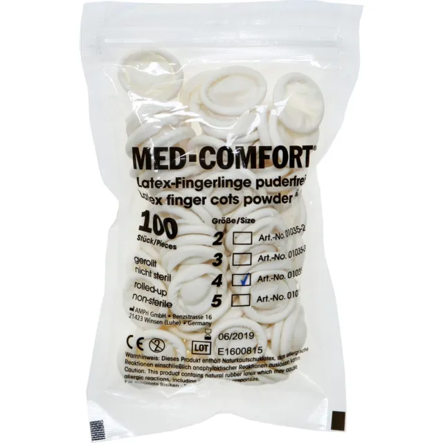 Dedos de látex AMPri Med-Comfort, sin polvo talla 4, blanco, 100 piezas