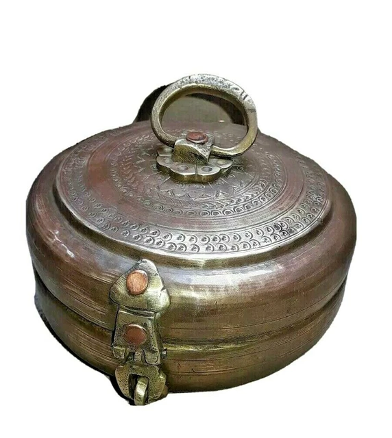 Old Brass Handcrafted Chpati Box Roti Box Indian Bread Box Large , Rich Patina