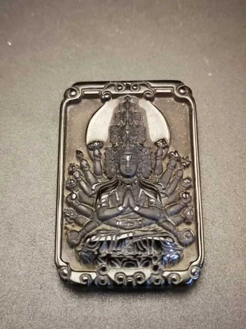SUPERB. Dragonglass&Obsidian Hand-carved “Thousand-hand Bodhisattva” Pendant Y87