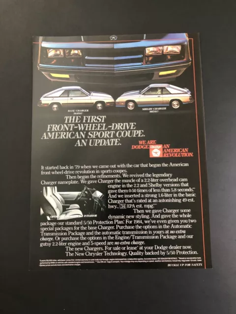 1984 Dodge Shelby Charger Original Vintage Print Ad Advertisement Printed