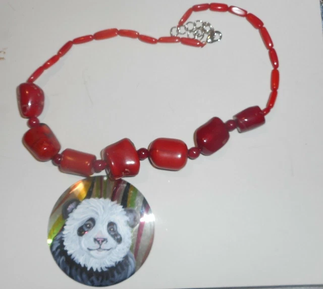 Panda Bear Red Bead Necklace Hand Painted Pendant Jewelry