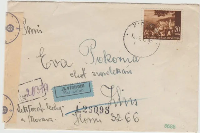 Croatia 1942 Reg.Well Censored Airmail Cover to Bohemia and Moravia  SG 47 stamp