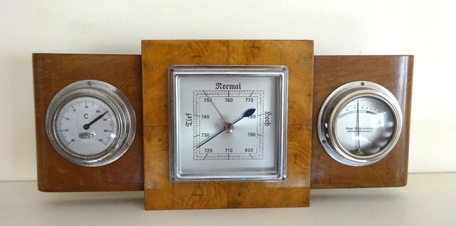 Vintage Moco Wetterstation Barometer Termometer Hygrometer Holz Furniert