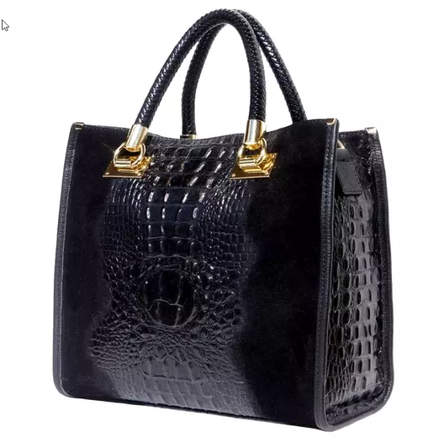 Nwt: Italian Genuine Leather & Suede Croc-Embossed Bag Handbag - Made In Italy