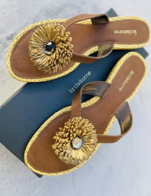 Liz Claiborne Nally Women's Floral Slip On Thong Sandals Flat Brown Size 8M