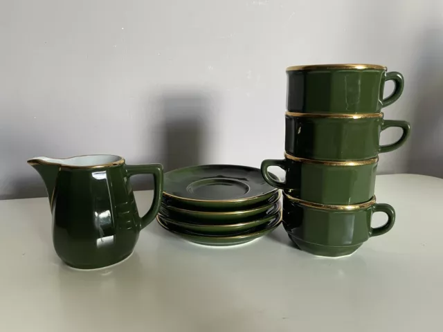 Apilco Porcelain - 4 Bistro Green & Gold Coffee Cups With Plates & Milk Jug