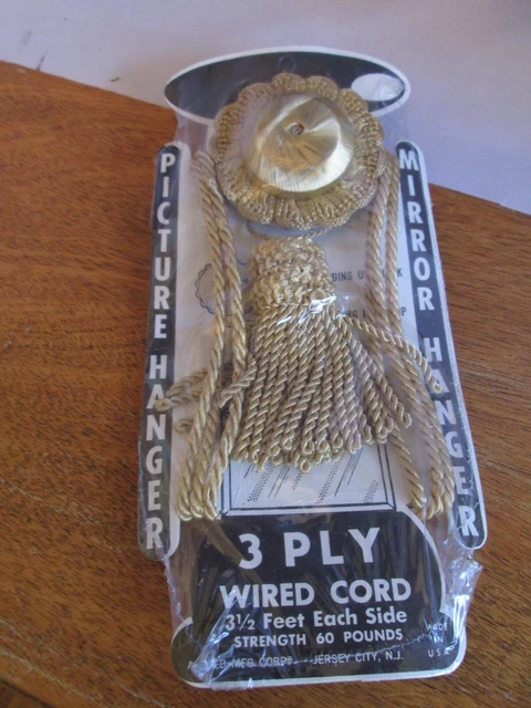 VTG NOS 3 Ply Wired Cord Picture Mirror Hanger Tassels Gold Vintage USA Made