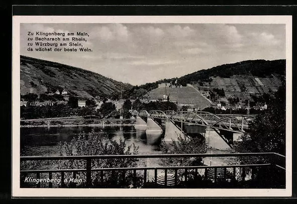 AK Klingenberg a. Main, Ortsansicht, Brücke und Kirche im Hintergrund