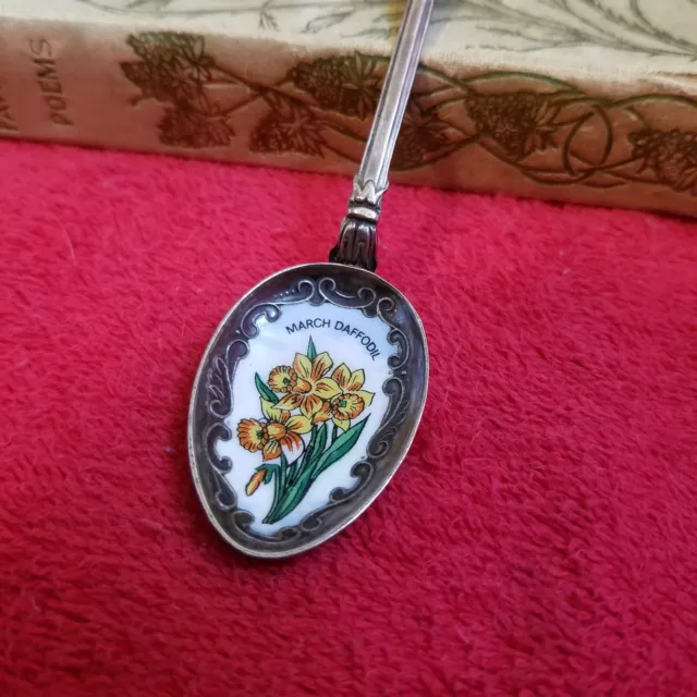 Vintage March Birthday Daffodil Enameled Silver Souvenir Spoon Made in Germany