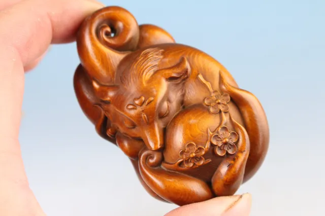 china boxwood hand carved fox Figure statue netsuke collectable gift hand piece