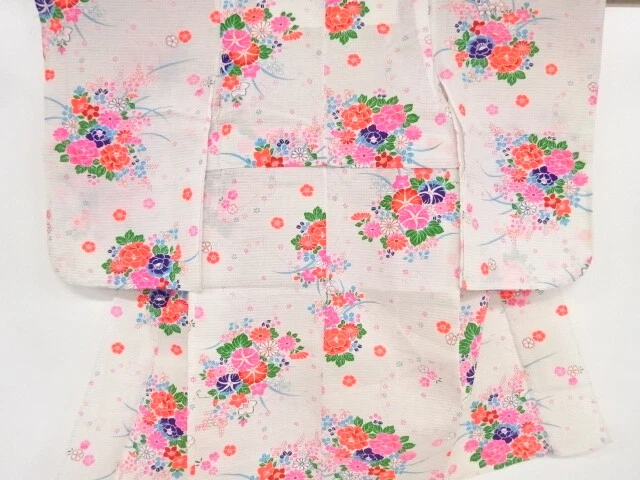41071# Japanese Kimono / Antique Yukata For Girls / Flower & Genjiguruma Pat