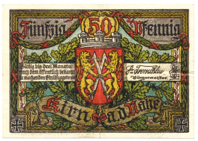 Notgeld, Gutschein der Stadt Kirn a.d. Nahe über 50 Pfennig,  Die Kyrburg Wappen
