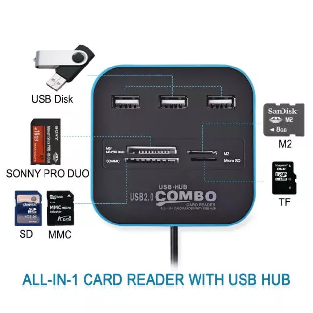 USB HUB Combo All in One USB 2.0 Micro SD High Speed Kartenleser 3 Ports Adapter