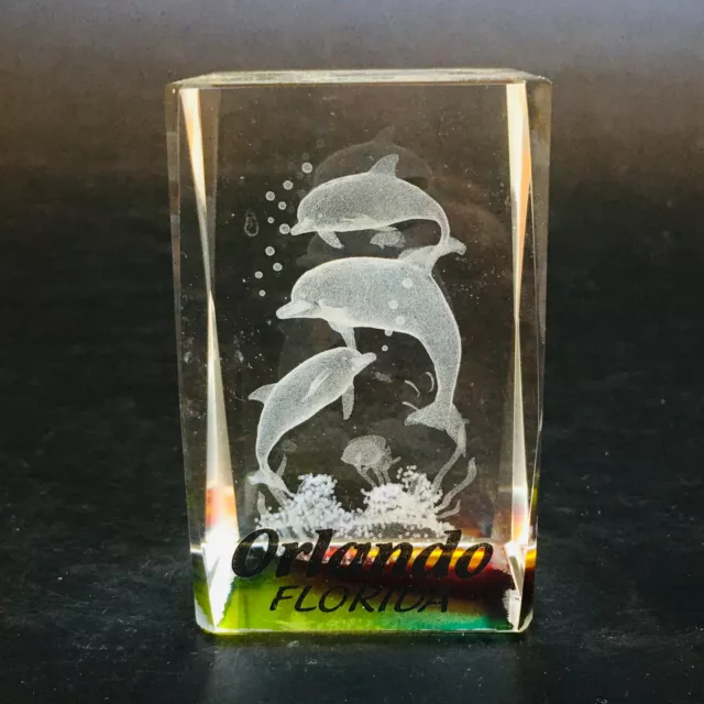 3D Laser Etched Crystal Art Glass Orlando Florida Dolphin Sea Life Paperweight