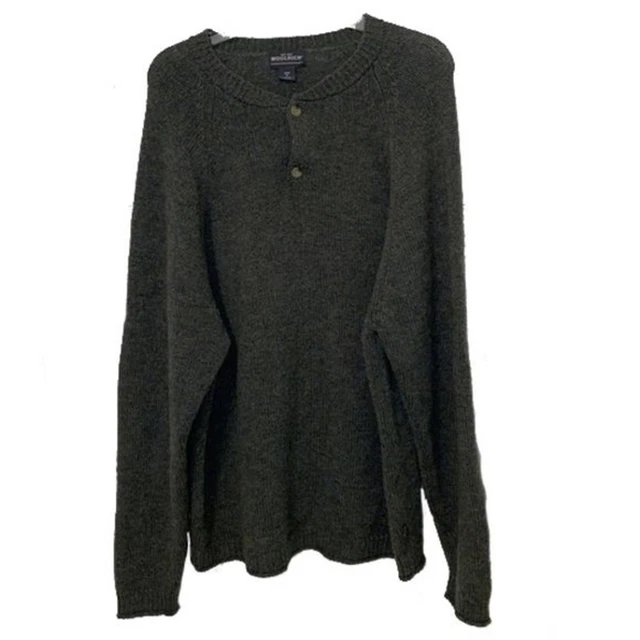 VTG Woolrich Olive Green Mens Loden Wool Henley Knit Sweater Size XL