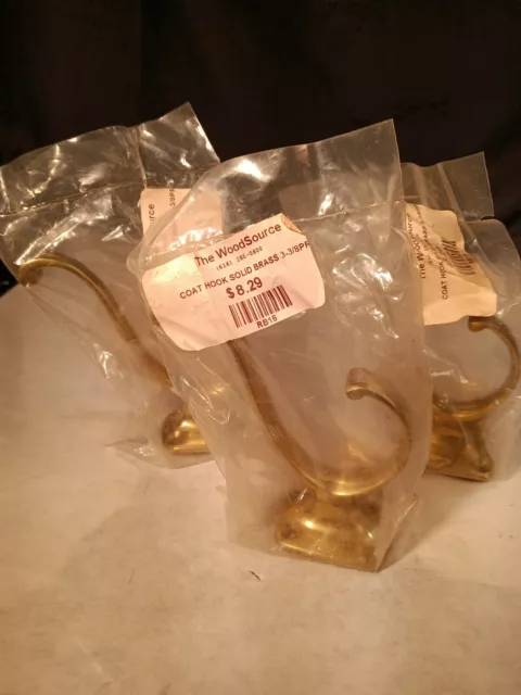 NEW Solid Brass Towel Bath Hooks (3) 3 3/8 from THE WOOD SOURCE. FREE FAST SHIP!