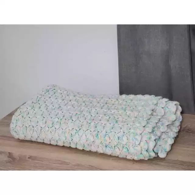 Handmade Crochet Gender Neutral Pastel Baby Blanket Scallop Edge Knit Crib Throw