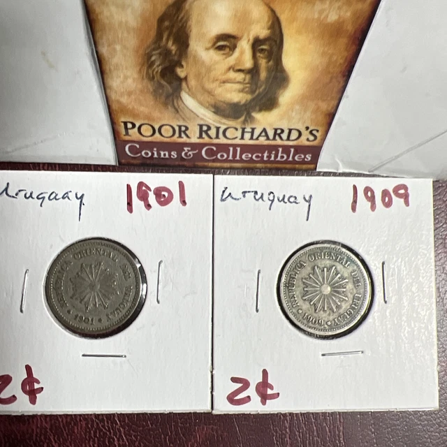Uruguay 2 - Hundred + Year Coins. 1901 & 1909High Grade 2c Coins. F1273