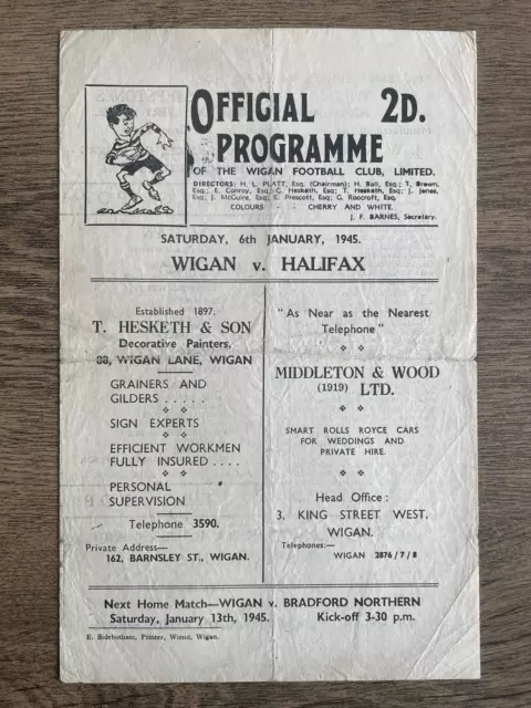 Wartime Rugby League Programme Wigan v Halifax 6th January 1945 War Time Rare