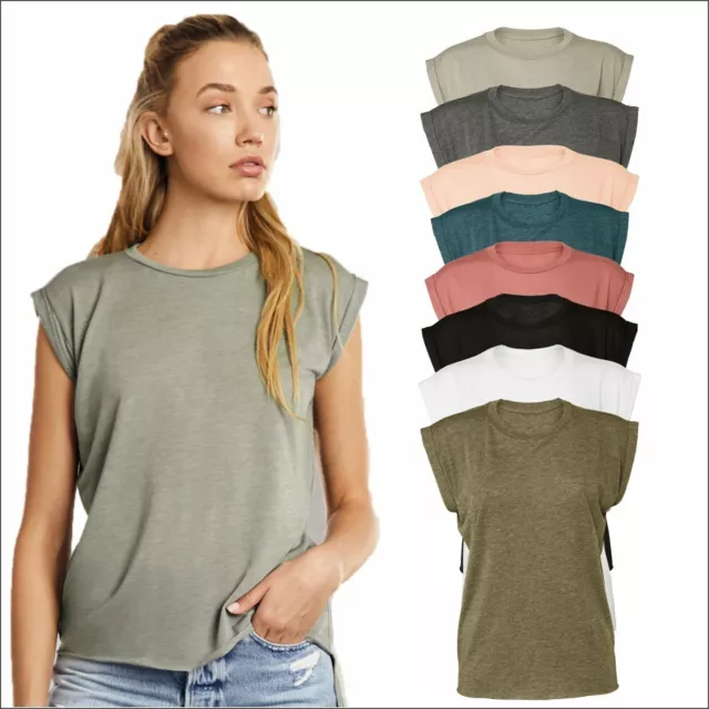 Bella+Canvas Ladies Flowy Muscle T-Shirt Loose Rolled Cuff Tee Casual Tank TOP