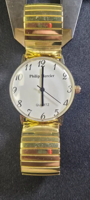 Philip Mercier Watch Gold Tone Expanding Strap Round Case With Working Quartz