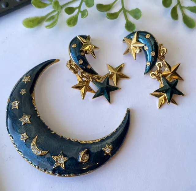 Vintage Blue Enamel Crescent Moon Gold Tone Rhinestone Brooch Earrings Set