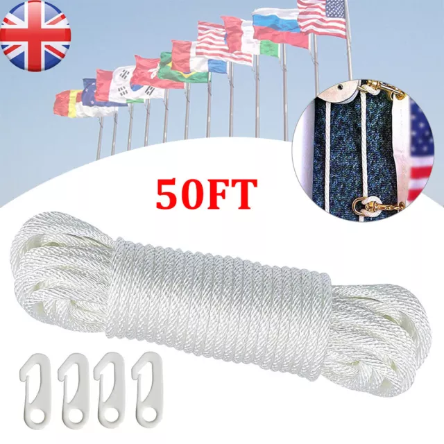49ft/15M Nylon Flag Rope Flagpole Rope 6mm Thick UK White  W/4X Clips For Garden