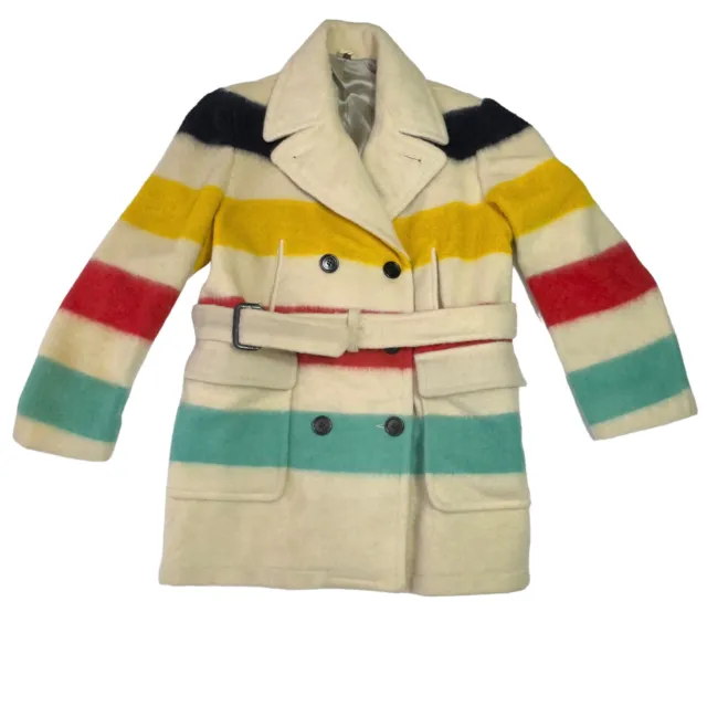 VINTAGE HUDSONS BAY Wool Belted Coat Jacket Rainbow Peacoat Double ...
