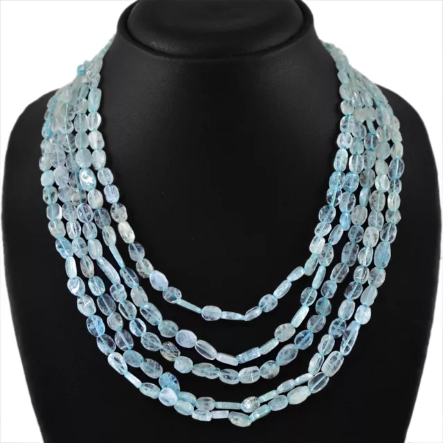 355.00 Cts Natural Rich Blue Aquamarine 5 Strand Oval Shaped Beads Necklace